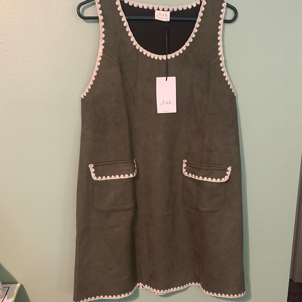 Olive Green Sleeveless Trim Pinafore Dress
